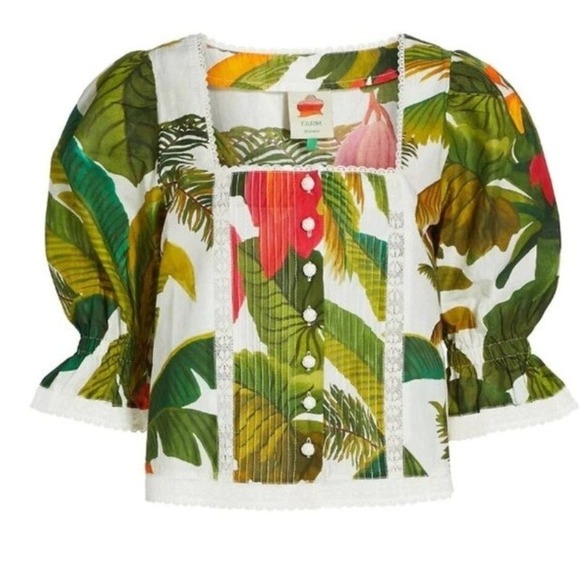 FARM Rio Cocoa Forest Puff-Sleeve Blouse Size S Tropical Banana Print Lace Crop